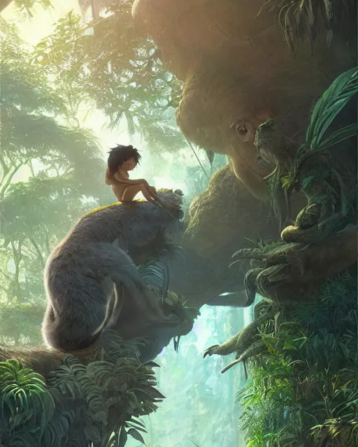 Image similar to still from the jungle book if made by krenz cushart and wenjun lin, portrait, illustration, rim light, top light, summer clear blue sky, perfectly shaded, soft painting, epic, intricate, art