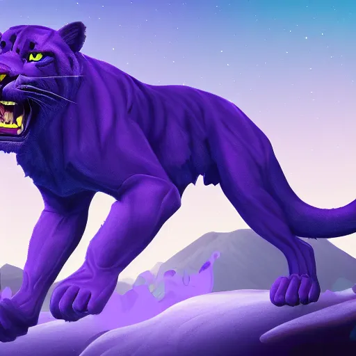 Image similar to render of a large purple panther roaring at night. moon in background. digital drawing, illustration, 4 k, highly detailed, artstation, realistic, dramatic, darkness.