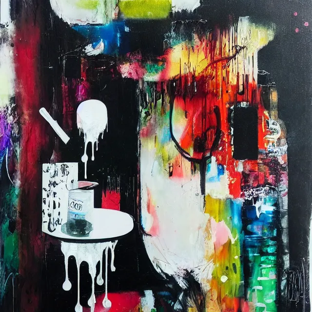 Image similar to “ a portrait in a female art student ’ s apartment, hakone checkpoint, sensual, art supplies, a candle dripping white wax, berry juice drips, acrylic and spray paint and oilstick on canvas, surrealism, neoexpressionism ”