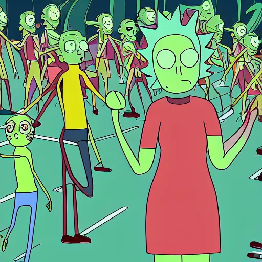 Image similar to illustration of alien macy's parade, in the style of rick and morty