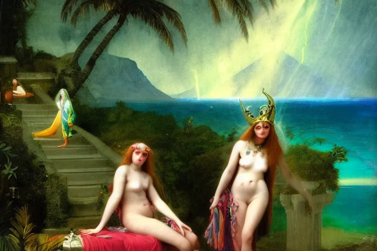 Image similar to Jester girl at the palace of the occult, refracted sparkles, thunderstorm, greek pool, beach and Tropical vegetation on the background major arcana sky and occult symbols, by paul delaroche, hyperrealistic 4k uhd, award-winning, very detailed paradise