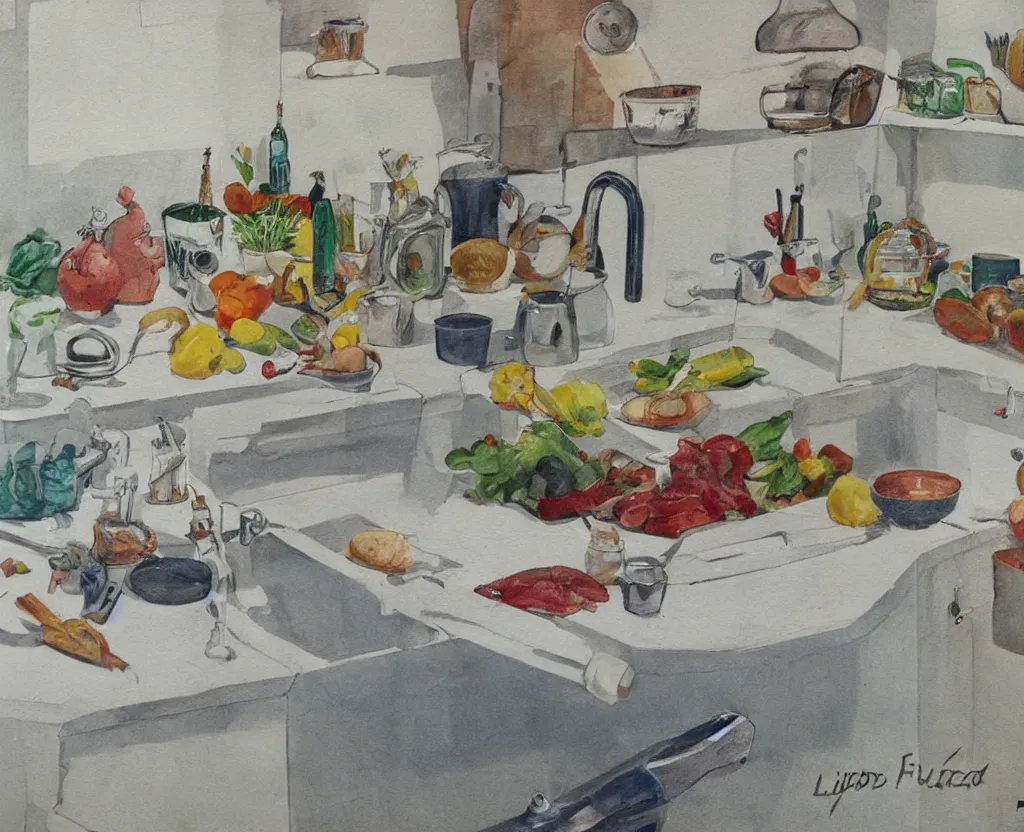 Prompt: artwork of Lucian Frued depicting kitchen sink