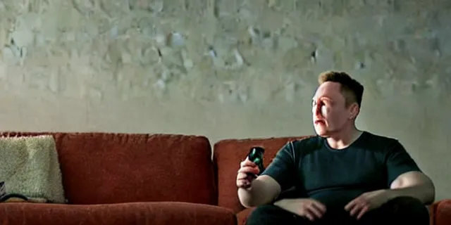 Image similar to full distant shot of sad bald poor dirty elon musk drinking a can of beer in the couch while watching tv in a dirty house, very realistic photograph, cinematic lighting, dardenne brothers