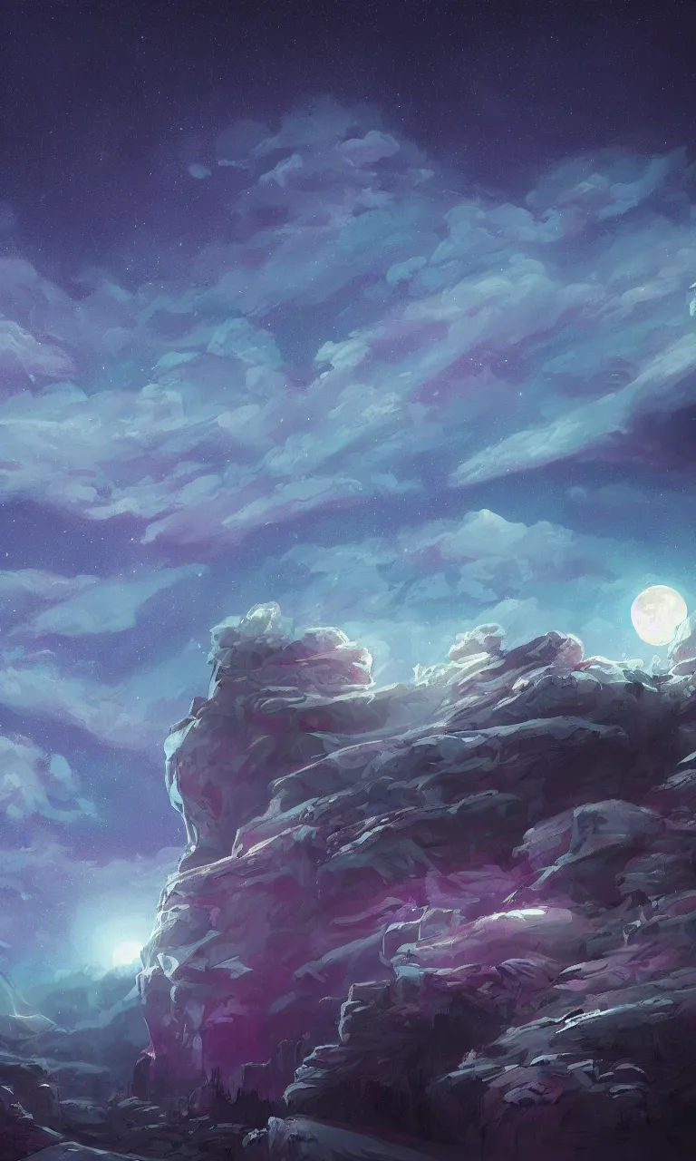 Image similar to a beautiful painting of ice age, starry sky, moon, cloud, by liam wong and yuumei and yanjun chen, trending on artstation