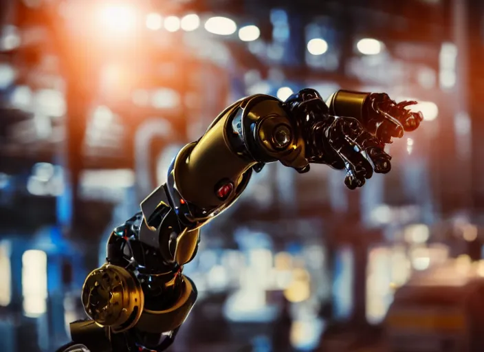 Image similar to a 3 5 mm photo of a robotic arm in a factory, bokeh, canon 5 0 mm, cinematic lighting, film, photography, golden hour, depth of field, award - winning