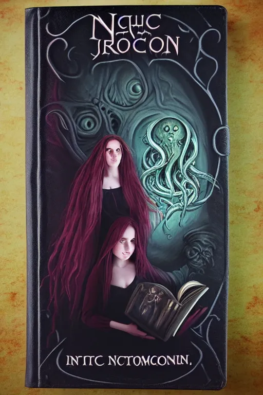 Image similar to romantic photo of bright girl, her cat and her book of necronomicon, symmetrical, cinematic, real dlsr photography, sharp focus, 4 k, ultra hd, sense of awe, sinister demonic atmosphere, dreadful, forbidden knowledge, old gods, cthulhu, yog - sothoth! yah, yah, yah! cultist journal cover