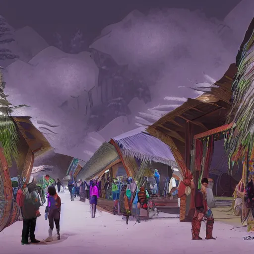 Image similar to maori tlingit forest bazaar, science fiction concept art