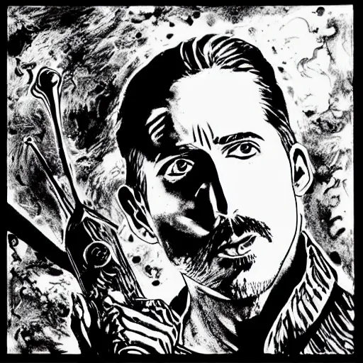 Image similar to pen and ink!!!! attractive 22 year old deus ex Frank Zappa x Ryan Gosling golden!!!! Vagabond!!!! floating magic swordsman!!!! glides through a beautiful battlefield magic the gathering dramatic esoteric!!!!!! pen and ink!!!!! illustrated in high detail!!!!!!!! by Hiroya Oku!!!!!!!!! Written by Wes Anderson graphic novel published on Cartoon Network MTG!!! 2049 award winning!!!! full body portrait!!!!! action exposition manga panel