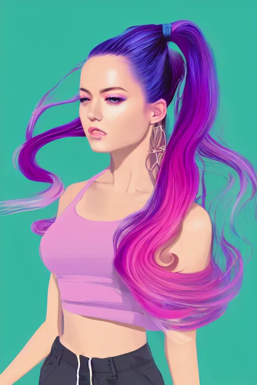 Image similar to a award winning half body portrait of a beautiful woman in a croptop and cargo pants with ombre purple pink teal hairstyle with head in motion and hair flying by wlop, outrun, vaporware, shaded flat illustration, digital art, trending on artstation, highly detailed, fine detail, intricate