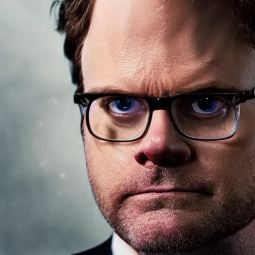 Image similar to rainn wilson as michael scott, splash art, movie still, cinematic lighting, ray tracing, detailed face, octane render, long lens, shallow depth of field, bokeh, anamorphic lens flare, 8 k, hyper detailed, 3 5 mm film grain