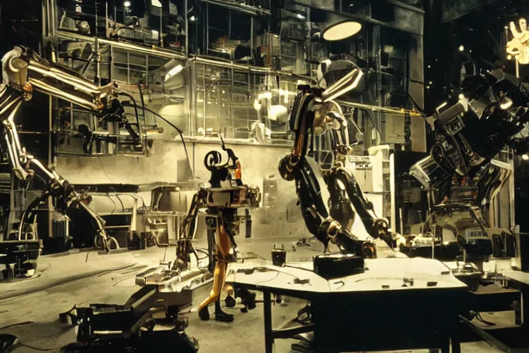 Image similar to a futuristic film studio with robot technicians preparing a scene with frightened human beings by Stanley kubrick, sci-fi, color vibe, reimagined by industrial light and magic