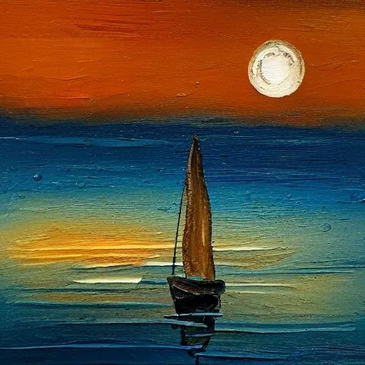 Prompt: lonely boat sailing through calm night sea, 8 k, impasto paint, oil on canvas, muted colours, full moon shining,