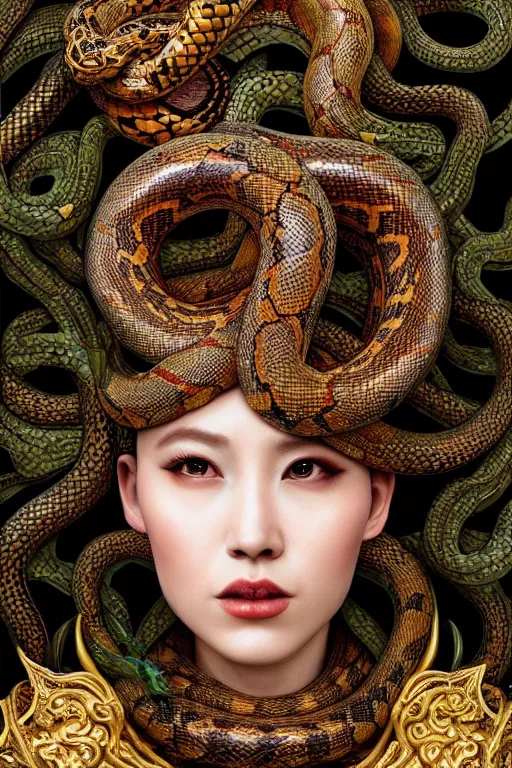 Image similar to a beautiful empress portrait, with a brilliant, impossible striking big Snake headpiece, clothes made of snakes, everything snakes, boa, symmetrical, dramatic studio lighting, rococo, baroque, greens, asian, hyperrealism, closeup, D&D, fantasy, intricate, elegant, highly detailed, digital painting, artstation, octane render, 8k, concept art, matte, sharp focus, illustration, art by Artgerm and Greg Rutkowski and Alphonse Mucha