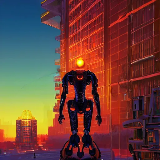 Image similar to exoskeletal robotic demonic creature, glowing, reptilian designed by jony ive in cybercity, golden hour, poster by michael whelan and gilbert williams and evgeny lushpin and artgerm and alena aenami, 3 0 mm, well proportioned, highly detailed, rule of thirds, long exposure