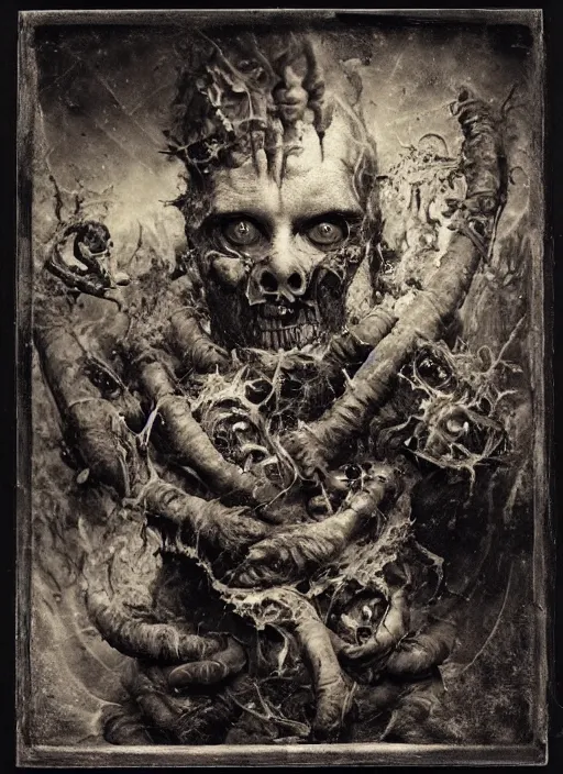 Image similar to old wetplate daguerreotype demons, devil, pain, anger, desolation, angel, explosion of data fragments, fractal, intricate, elegant, highly detailed, parallax, leica, medium format, subsurface scattering, by jheronimus bosch and greg rutkowski and louis jacques mande daguerre