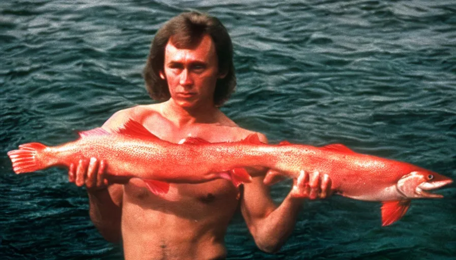 Image similar to 7 0 s movie still of putin in speedo, proudly holding a salmon, focus on eyes. cinestill 8 0 0 t _ 3 5 mm eastmancolor, heavy grain, high quality, high detail