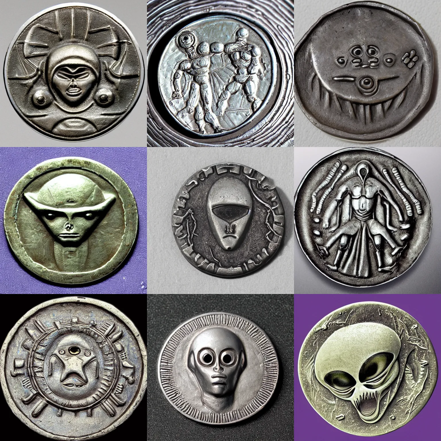 Prompt: an alien or ufo on ancient metal coin