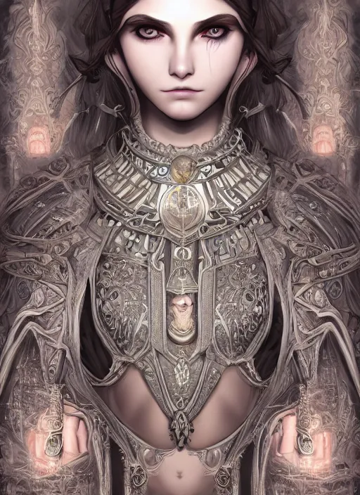 Prompt: full body concept art sheet, photorealistic symmetrical beautiful teenage face, symmetric eyes, female priestess with shiny hair wearing full intricate clothing, temple, godray, intricate, cg society, Elden Ring, darksouls, bloodborne