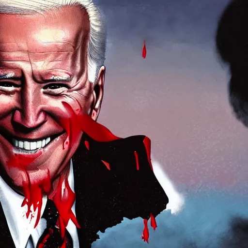 Image similar to joe biden smiling with blood in his face while behind him the world is burning, dramatic lighting, cinematic, establishing shot, extremly high detail, photorealistic, cinematic lighting, artstation, style by James Gurney