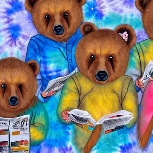 Prompt: 3 bears in tie dye shirts reading newspapers, highly detailed, portrait painting, illustration by scott gustafson