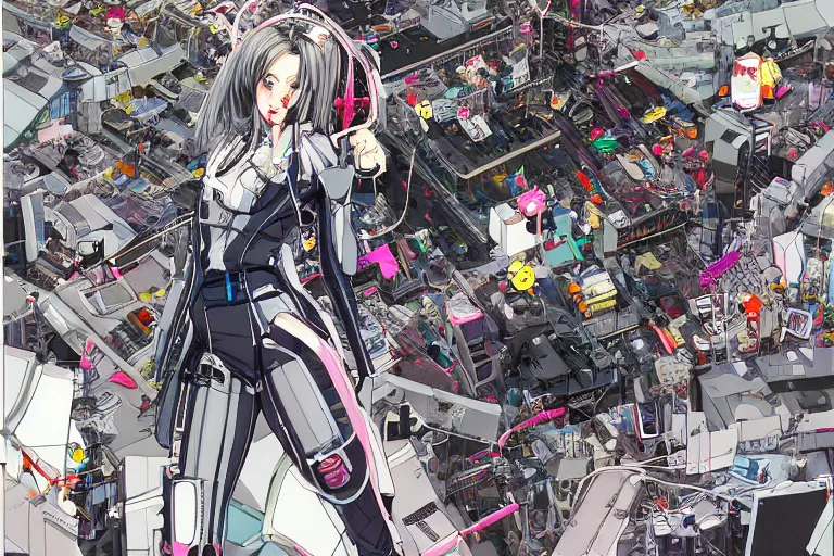 Prompt: a cyberpunk illustration of a group of super-coherent female androids dressed in seifuku in style of masamune shirow, lying scattered across an empty, white floor with their bodies rotated in different poses and cables and wires coming out, by yukito kishiro and katsuhiro otomo, hyper-detailed, intricate, view from above, colorful
