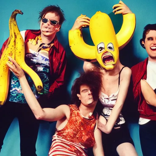 Image similar to 8 0 s punk rock band holding banana microphone, with banana costumed background singers, concert photo, getty images