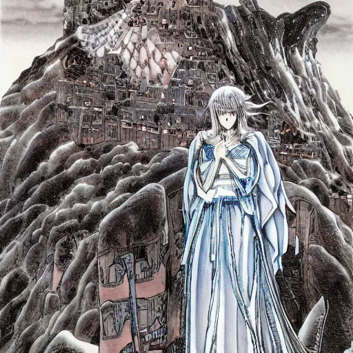 Image similar to beautiful girl looking from the edge of the mountain on the giant night city below, midnight, highly detailed colored manga page, illustration by kentaro miura and hiromu arakawa