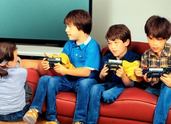 Image similar to old photo of kids in front of tv playing nintendo 6 4