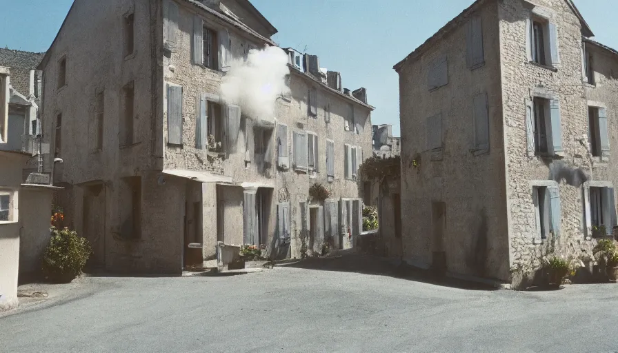 Image similar to 1 9 7 0 s movie still of a heavy burning french style townhouse in a small french village, cinestill 8 0 0 t 3 5 mm, heavy grain, high quality, high detail, dramatic light, anamorphic, flares