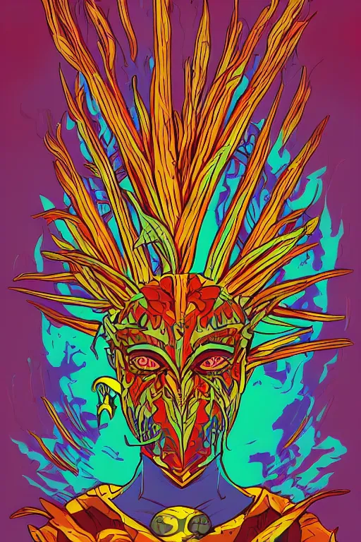 Image similar to animal mask totem roots flower tribal feather gemstone plant wood rock shaman vodoo video game vector cutout illustration vivid multicolor borderlands comics by josan gonzales and dan mumford radiating a glowing aura