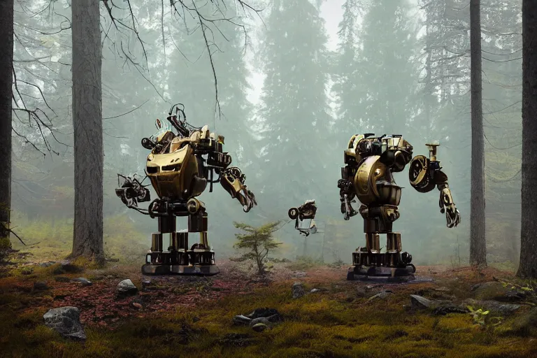 Prompt: brass mech standing in a swedish forest, very low angle photograph, trending on artstation, realistic, soft colors, simon stålenhag