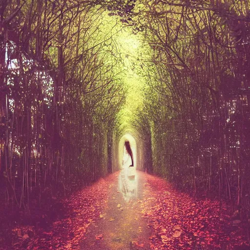 Prompt: tunnel of leaves, moody atmosphere, late summer, hazy, glowing lights, spiral, lost woman, dreamy