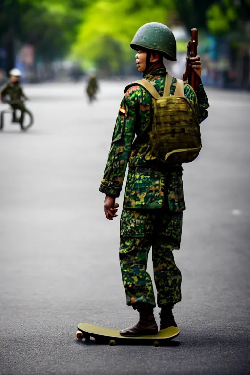 Prompt: vietnam soldier with skateboard, pulitzer award, captured by nikon d 8 5 0, 4 k, body features, face features, bokeh, proportional object features, by daniel berehulak and adnan abidi