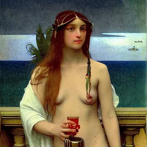 Image similar to Girl with a blood dripping chalice at the palace, thunderstorm, pool, beach and palm trees on the background major arcana sky, by paul delaroche, alphonse mucha and arnold böcklin arnold böcklin hyperrealistic 8k, very detailed