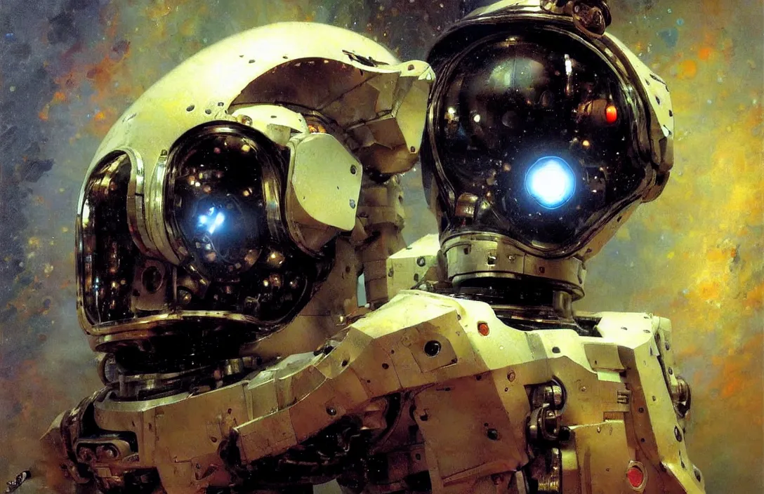 Image similar to portrait of futuristic space robot!!!!!!!!!!!!!!!!!!!!!!!!!!!, detailed face, detailed painting,, epic lighting, by ilya repin, phil hale and kent williams