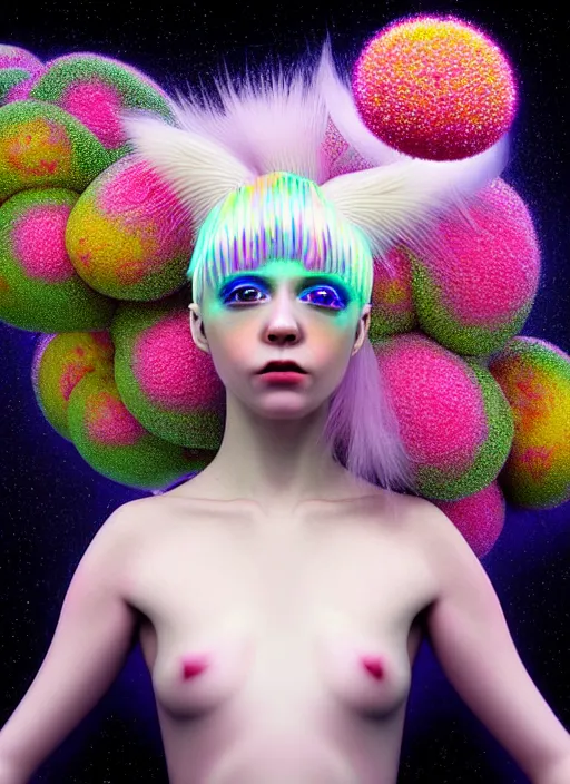 Image similar to hyper detailed 3d render like a Oil painting - kawaii portrait Aurora (white haired Singer Ferret) seen Eating of the Strangling network of yellowcake aerochrome and milky Fruit and Her delicate Hands hold of gossamer polyp blossoms bring iridescent fungal flowers whose spores black the foolish stars by Jacek Yerka, Mariusz Lewandowski, Houdini algorithmic generative render, Abstract brush strokes, Masterpiece, Edward Hopper and James Gilleard, Zdzislaw Beksinski, Mark Ryden, Wolfgang Lettl, hints of Yayoi Kasuma, octane render, 8k