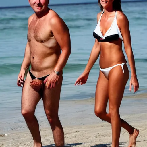 Image similar to photo of a 4 0 year old man that looks young for his age dating a very attractive mother, she has blondish hair, she is wearing a bikini.