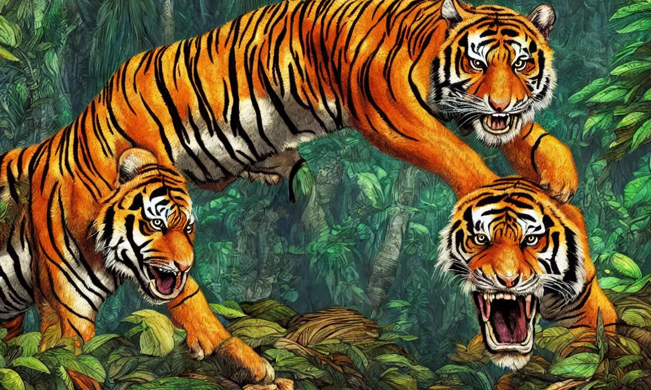 Prompt: a beautiful digital colorful detailed illustration of a fierce tiger in jungle, matte painting