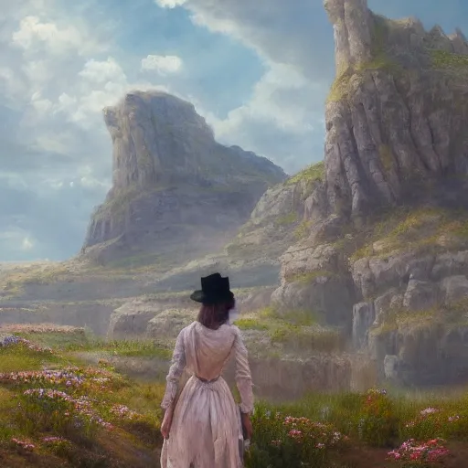 Image similar to a matte painting of the wild west, woman standing in patchy flower rocks, oil painting, pale colors, high detail, 8 k, wide angle, trending on artstation,