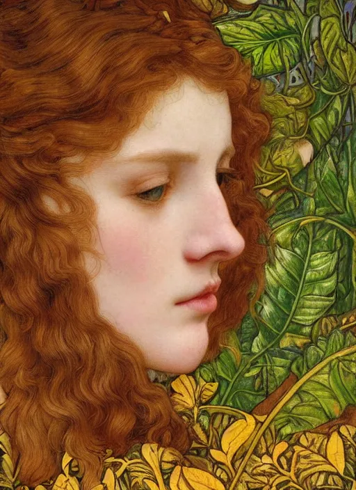 Image similar to masterpiece beautiful seductive flowing curves preraphaelite face portrait amongst leaves, extreme close up shot, straight bangs, thick set features, yellow ochre ornate medieval dress, laying amongst foliage mushroom forest circle arch, frederic leighton and kilian eng and rosetti and preraphaelites, william morris, 4 k