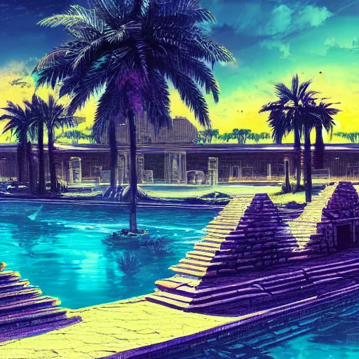 Prompt: a pool and ancient egyptian structure, epic retrowave art, trending on art station