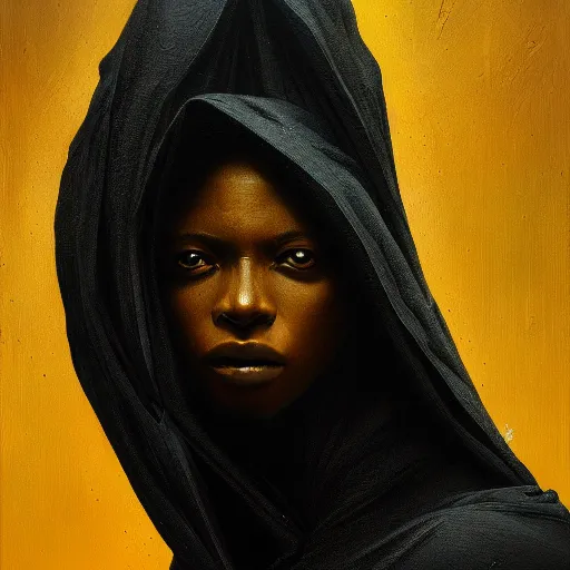 Image similar to a portrait of a young black woman wearing a long dark cloak, hood and shadows covering face, anatomically correct, beautiful perfect face, enigmatic, oil painting, matte painting, black background, Volumetric dynamic lighting, Highly Detailed, Cinematic Lighting, Unreal Engine, 8k, HD, by Beksinski