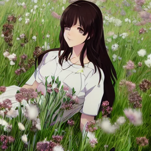 Prompt: a young woman with dark brown hair and green eyes, wearing a white dress, lying in a field of flowers, anime key visual, artstation, kuvshinov ilya