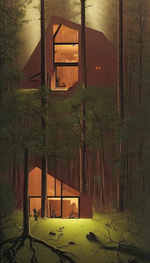 Image similar to cozy ultra modern home in the woods moody lighting, highly detailed, painting by zdzisław beksinski and norman rockwell and greg rutkowskiweta studio, and lucasfilm