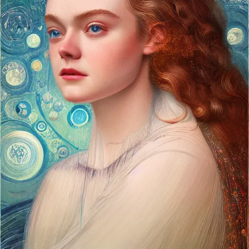 Image similar to professional painting of Elle Fanning in the style of James C. Christensen, head and shoulders portrait, symmetrical facial features, smooth, sharp focus, illustration, intricate, stormy weather, extremely detailed masterpiece,