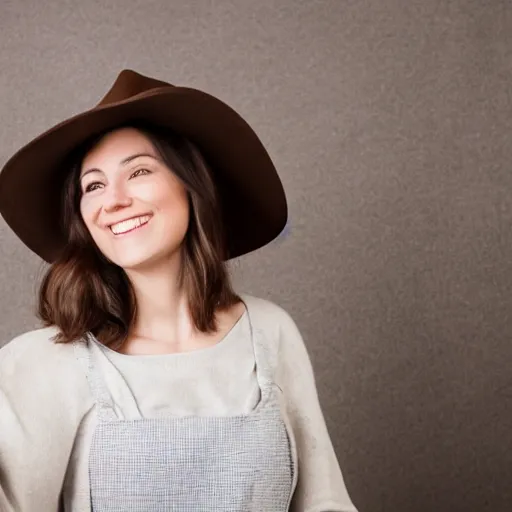 Prompt: portrait of a smiling 3 0 - year - old woman, medium brown hair with a hat, hair comes out of the hat a little and plays because of the sells, the woman puts her right hand on the hat to try to hold it back.
