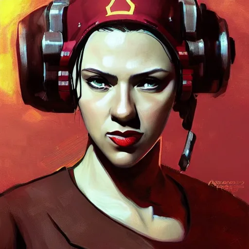 Prompt: portrait of nadezhda konstantinovna krupskaya as scarlett johansson in team fortress 2 style, epic, tragic, military art, fantasy, dieselpunk, hd shot, digital portrait, beautiful, artstation, comic style, by artgerm, guy denning, jakub rozalski, magali villeneuve and charlie bowater