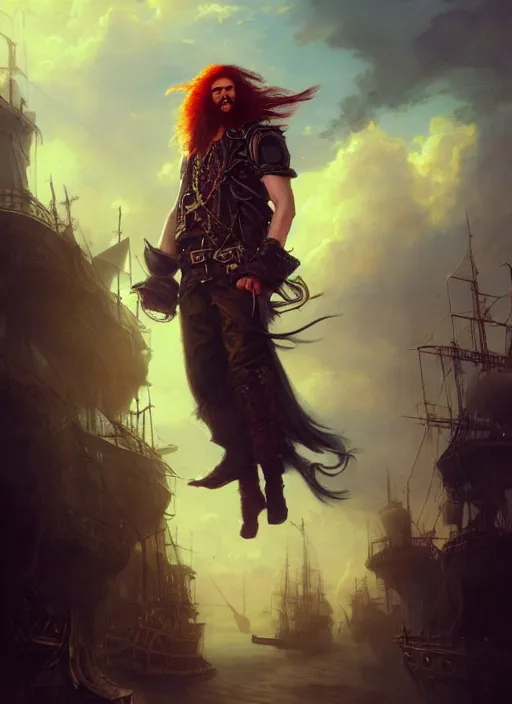 Prompt: portrait painting of a long hair red hair male pirate in front of steampunk airship in the sky by raphael lacoste and stephan martiniere greg rutkowski gaston bussiere fantasy soft hair trending on artstation key art dramtic volumetric lighting, 4 k, award winning