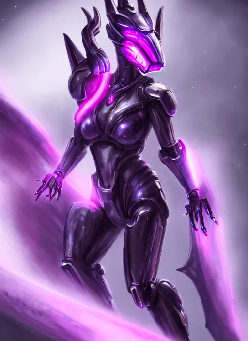 Image similar to cinematic goddess body shot, galactic sized beautiful stunning hot anthropomorphic robot mecha female dragon, sleek dragon head, metal ears, led purple eyes, smooth fuschia skin, nebula size, smooth silver armor, in space, epic proportions, macro epic size, epic scale, furry art, dragon art, giantess art, warframe fanart, furaffinity, octane