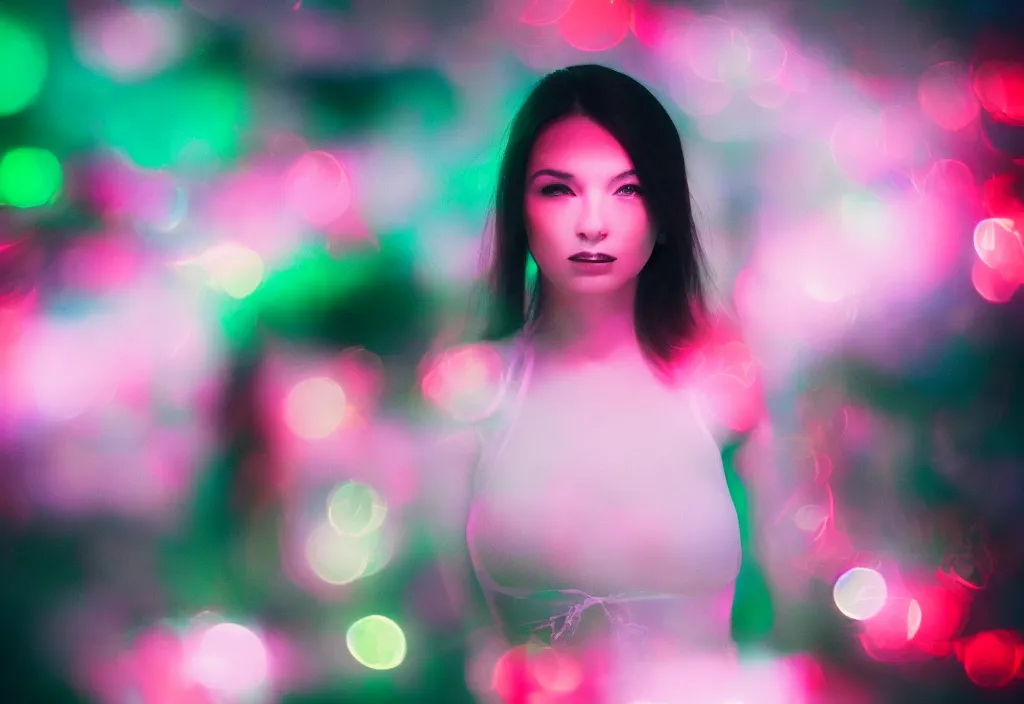 Image similar to photograph of beautiful woman ,night , illuminated by green and red colored LED lights, 85 mm f1.4